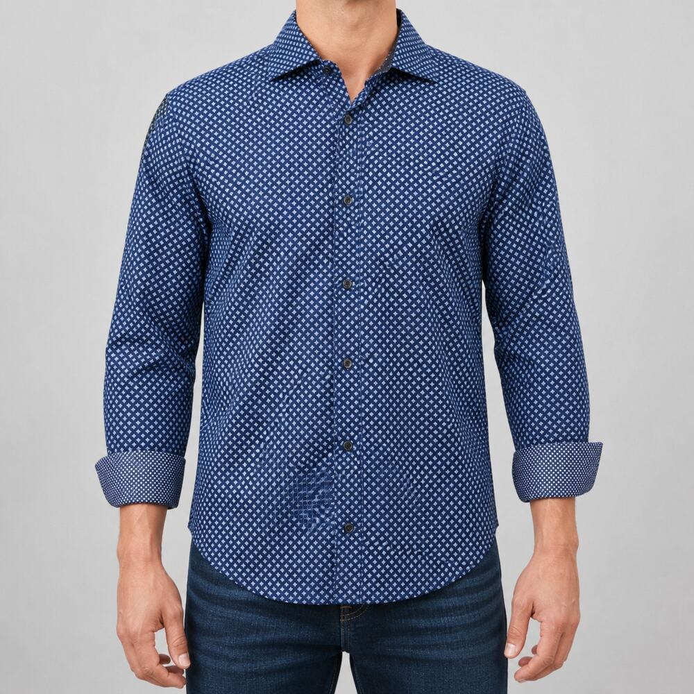 Society Of Threads Shirt Mens Small Blue Geometric Pattern Slim Fit Long Sleeve